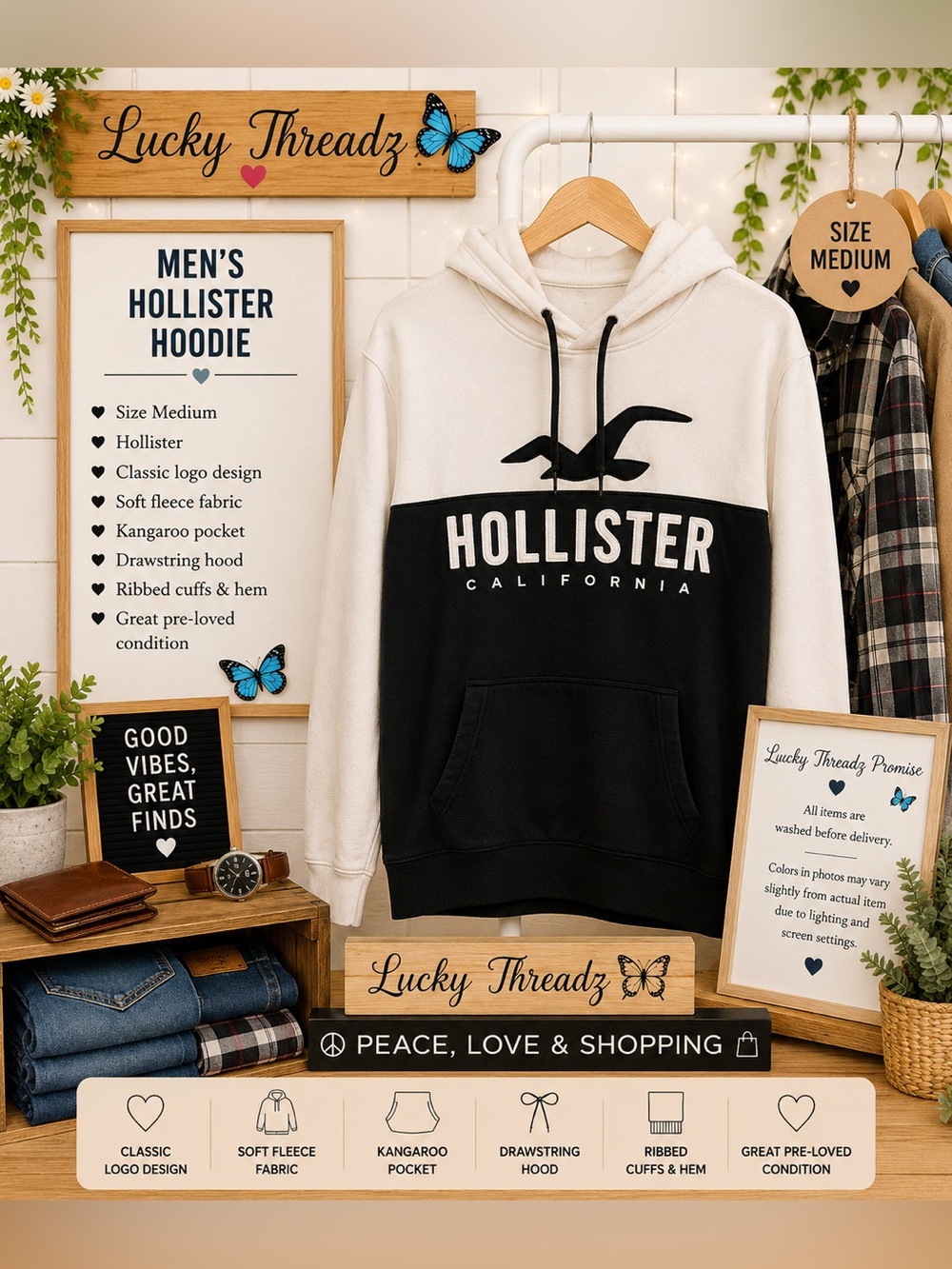 Hollister Two-Tone Black and Cream Pullover Hoodie